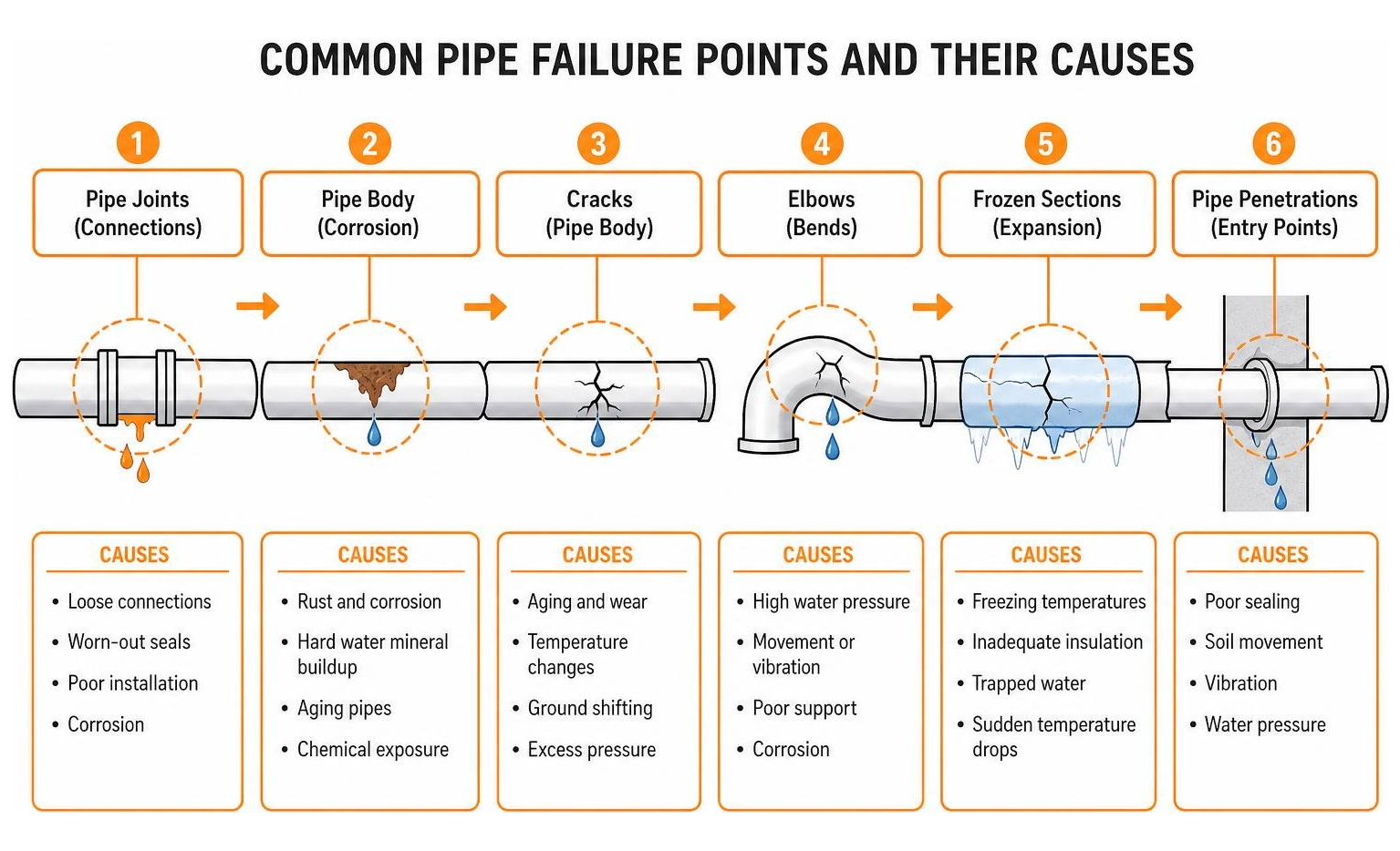 Diagram showing common pipe failure points and their causes