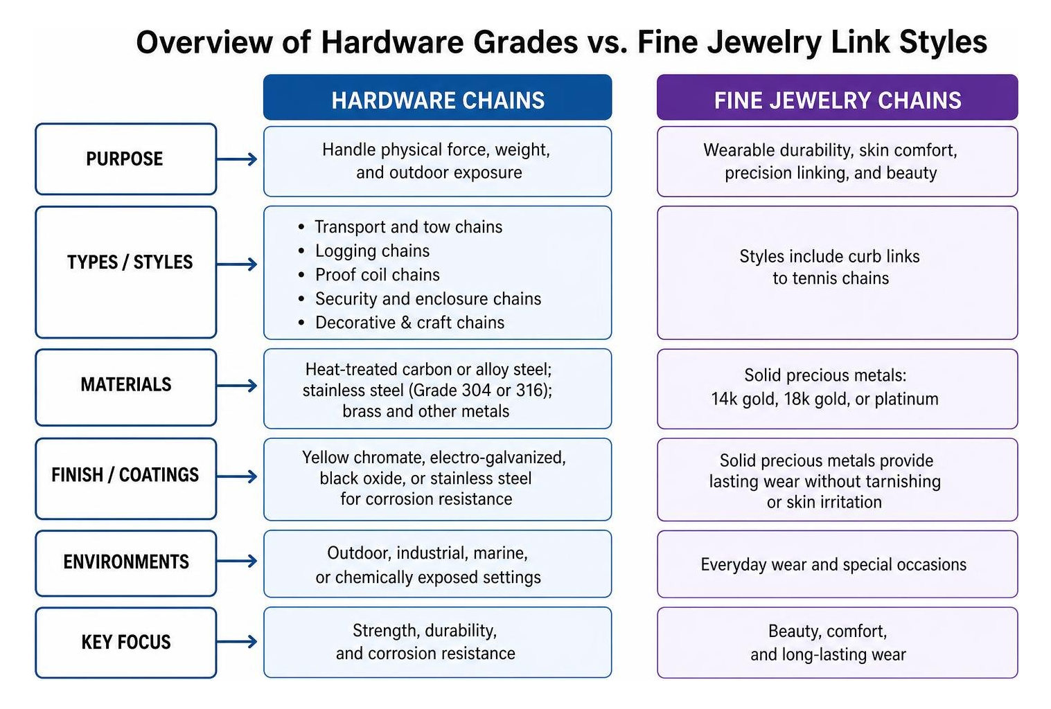Overview of hardware grades versus fine jewelry link styles