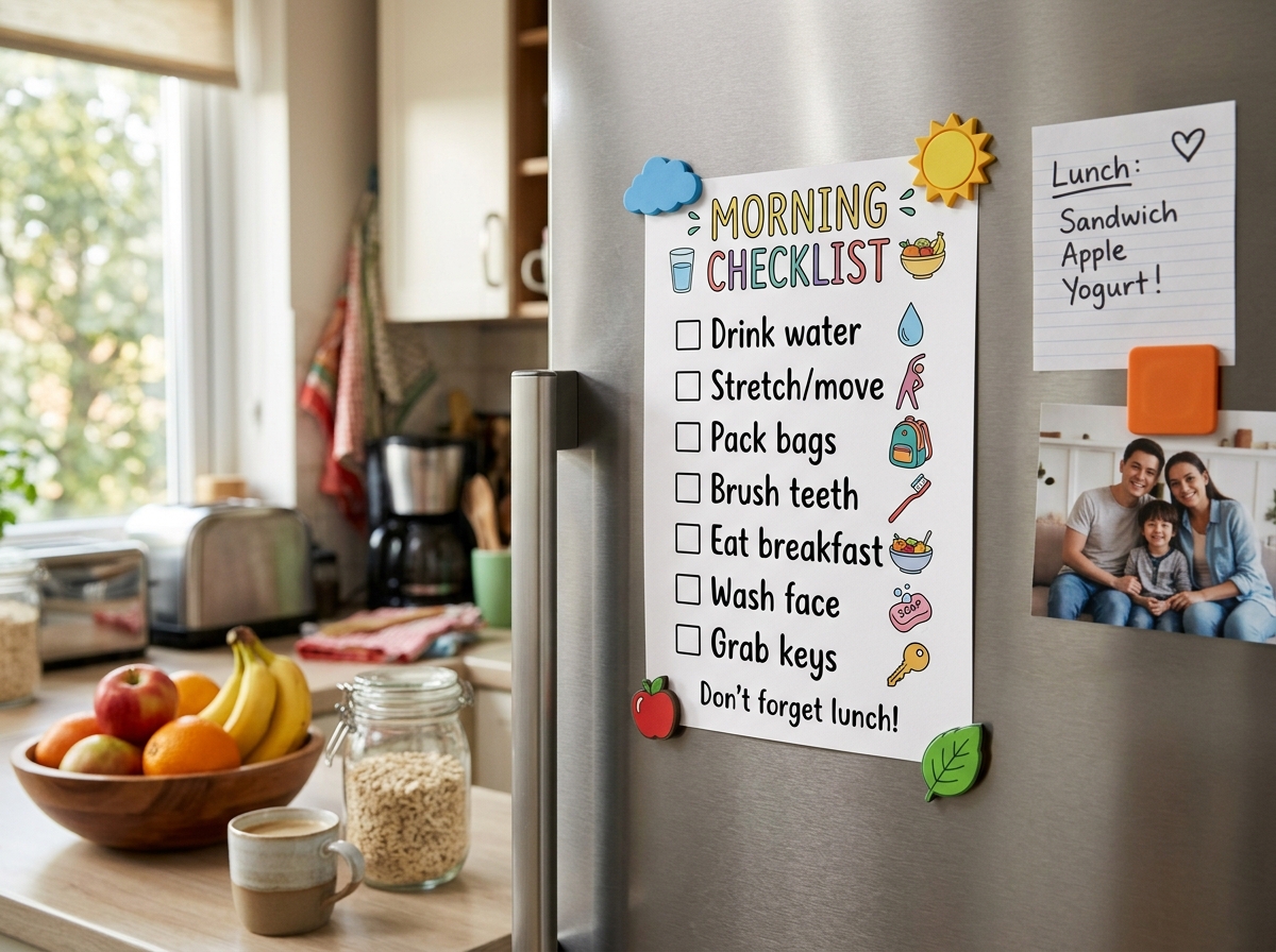 Morning checklist on a refrigerator showing tasks like hydration, movement, and bag prep - choice solo dad routines Morning checklist on a refrigerator showing tasks like hydration, movement, and bag prep - choice solo dad routines
