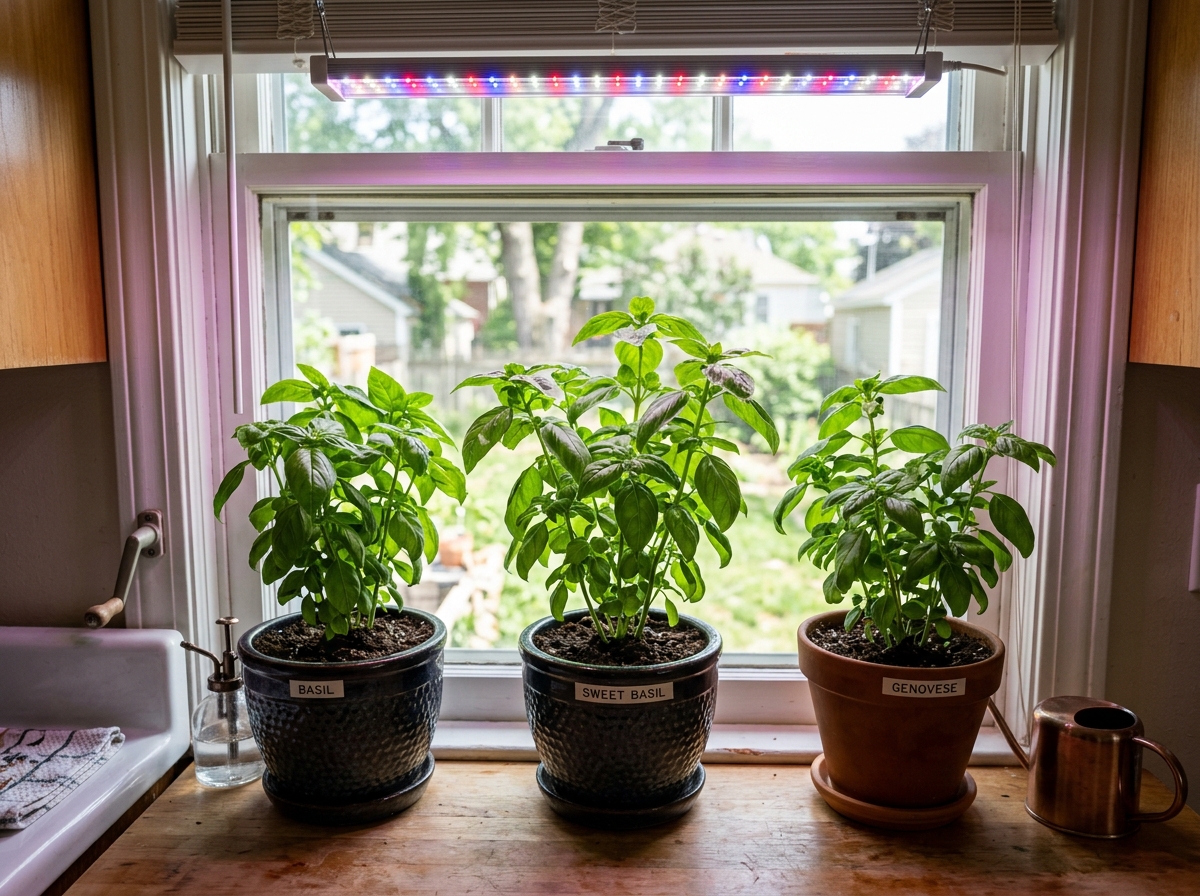 Basil plants growing under modern LED grow lights indoors - taking care of basil plant indoors Basil plants growing under modern LED grow lights indoors - taking care of basil plant indoors