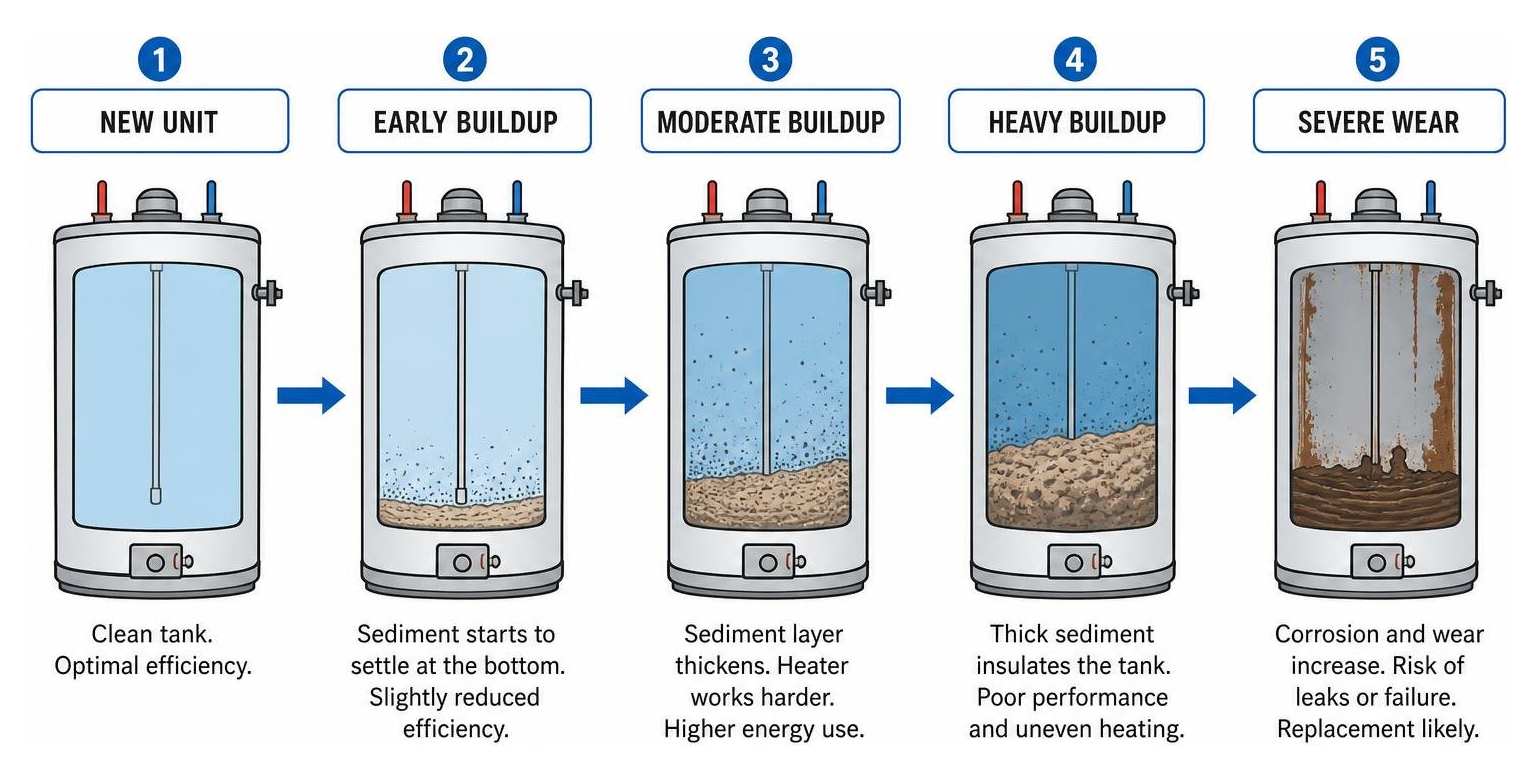 diagram showing the progression of water heater wear and sediment buildup diagram showing the progression of water heater wear and sediment buildup
