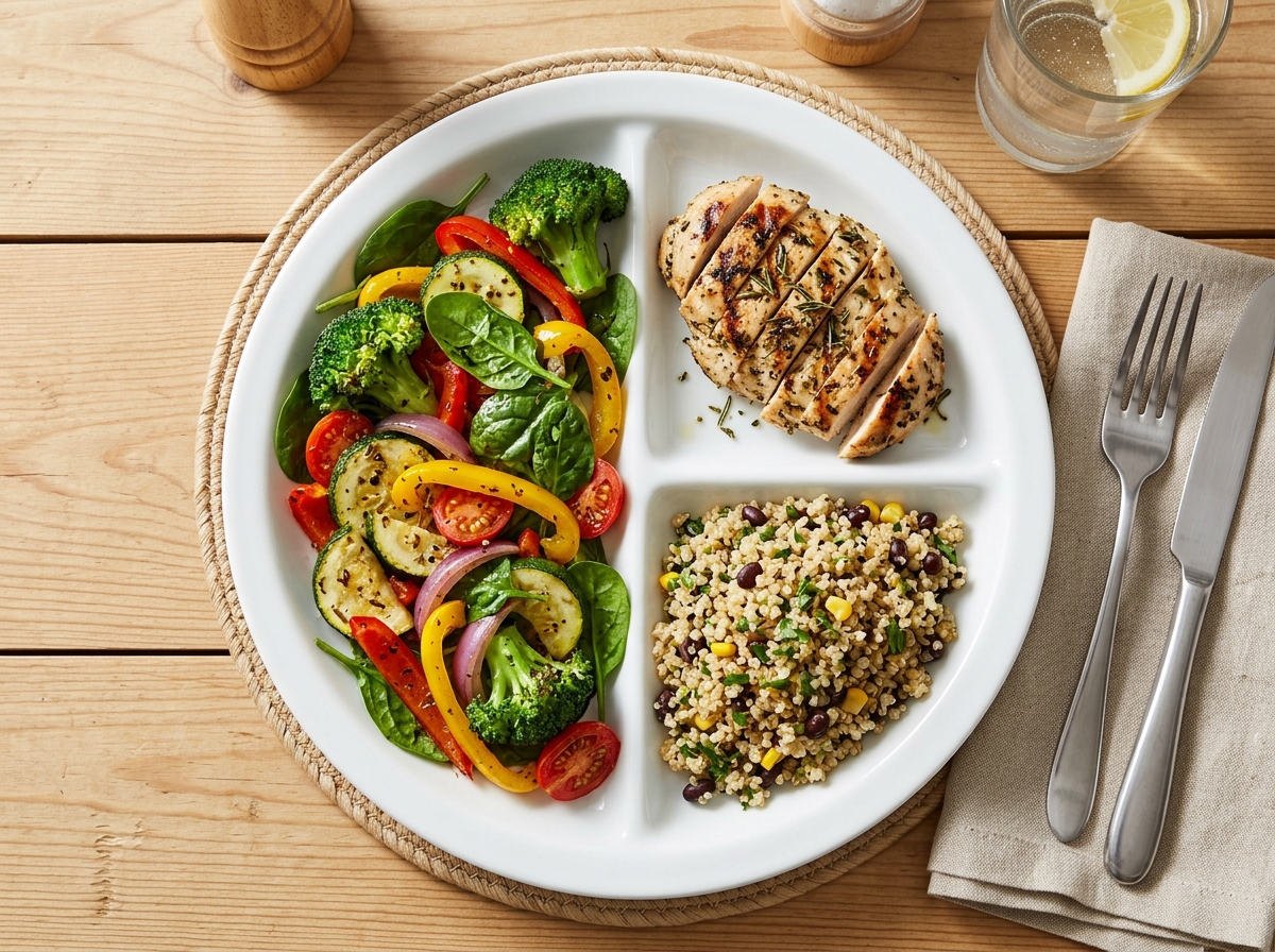 Visual guide of a balanced plate divided into sections for vegetables, protein, and carbs - macronutrient balanced meal ideas Visual guide of a balanced plate divided into sections for vegetables, protein, and carbs - macronutrient balanced meal ideas