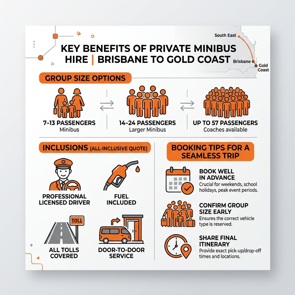 Infographic showing key benefits of private minibus hire Brisbane to Gold Coast including group size options, inclusions Infographic showing key benefits of private minibus hire Brisbane to Gold Coast including group size options, inclusions
