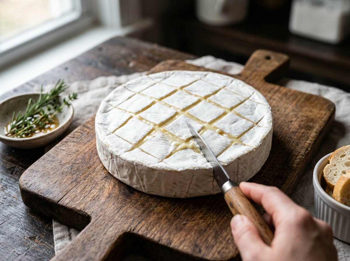 Brie scoring technique showing criss-cross patterns on the top rind - brie tomato basil appetizer
