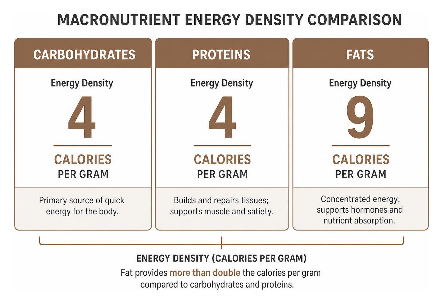 Macronutrient energy density comparison showing carbs, proteins, and fats Macronutrient energy density comparison showing carbs, proteins, and fats
