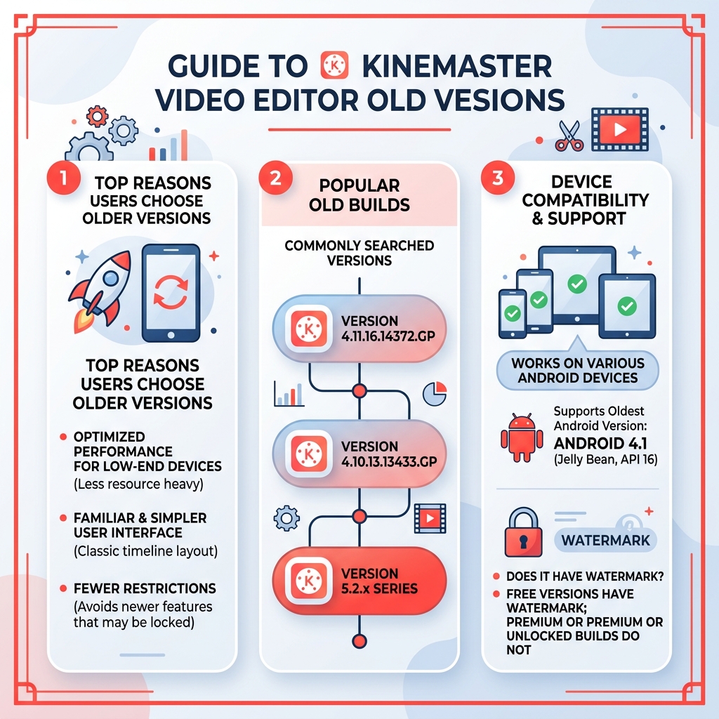 Infographic showing top reasons users choose older KineMaster versions, popular builds, and compatibility - kinemaster video