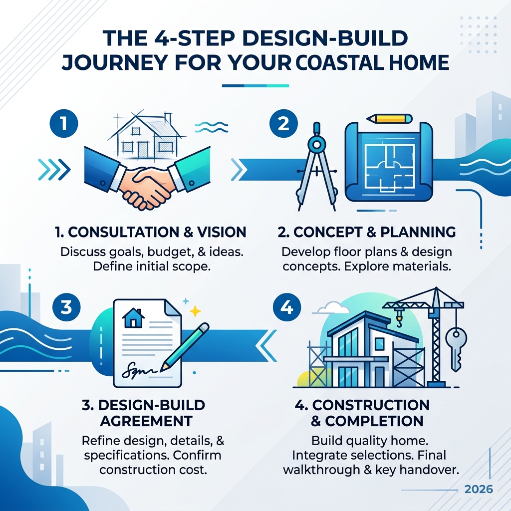 Infographic explaining the 4-step design-build journey - home building and upgrades infographic
