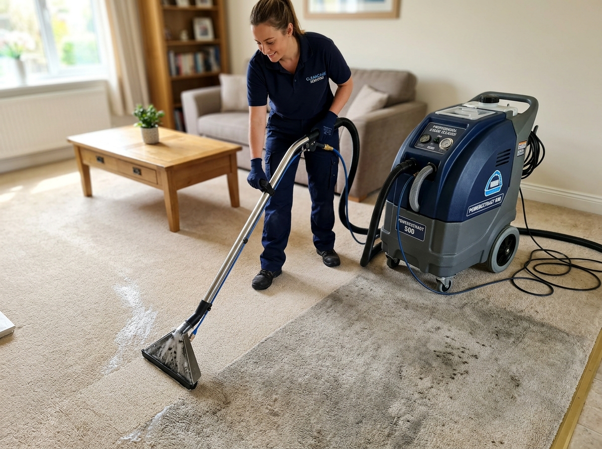 Professional steam cleaning machine being used on a beige carpet, showing the visible difference between the cleaned and Professional steam cleaning machine being used on a beige carpet, showing the visible difference between the cleaned and