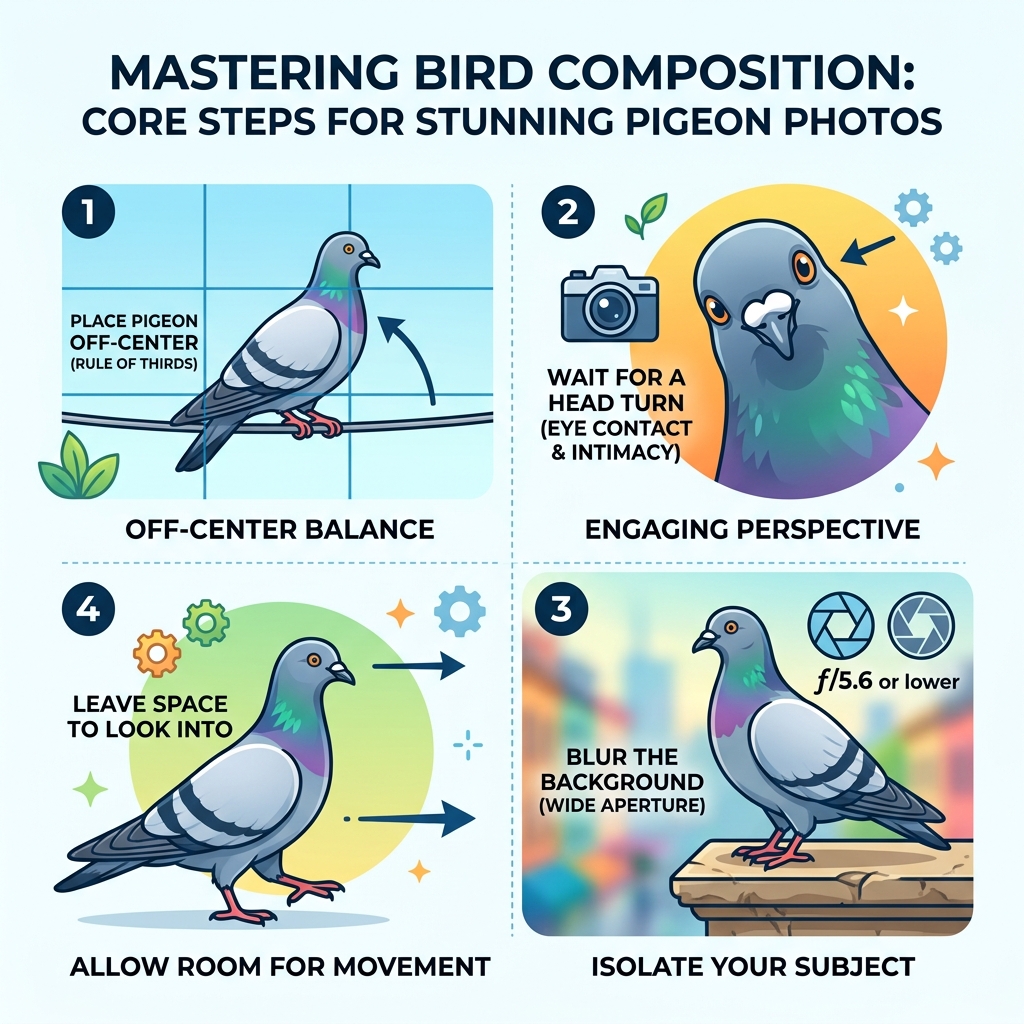 Bird composition basics infographic: rule of thirds, head angle, background blur, space to look into - improve pigeon photo Bird composition basics infographic: rule of thirds, head angle, background blur, space to look into - improve pigeon photo