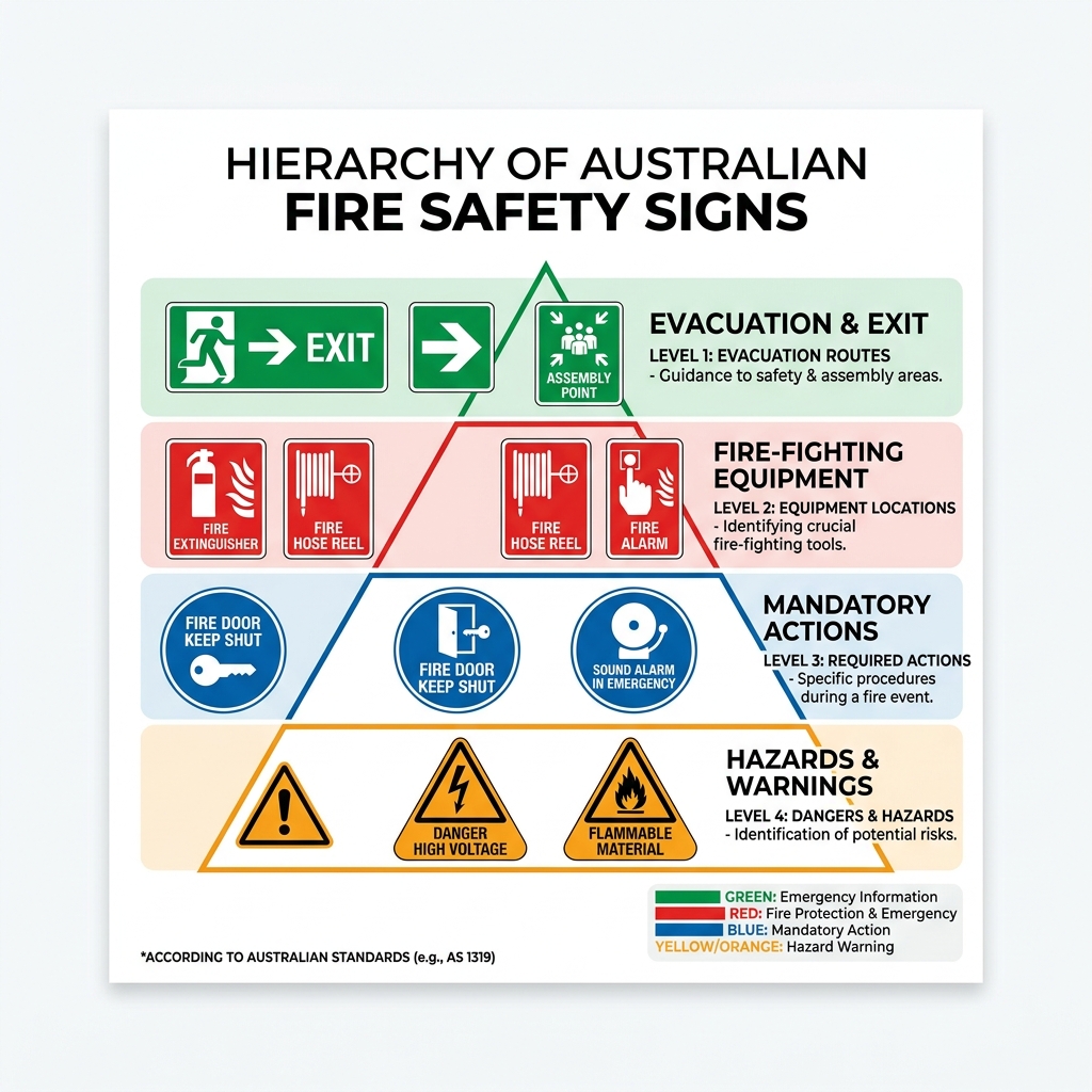 Infographic showing the hierarchy of fire safety signs in Australia, from exit signs to equipment and hazard signs - fire