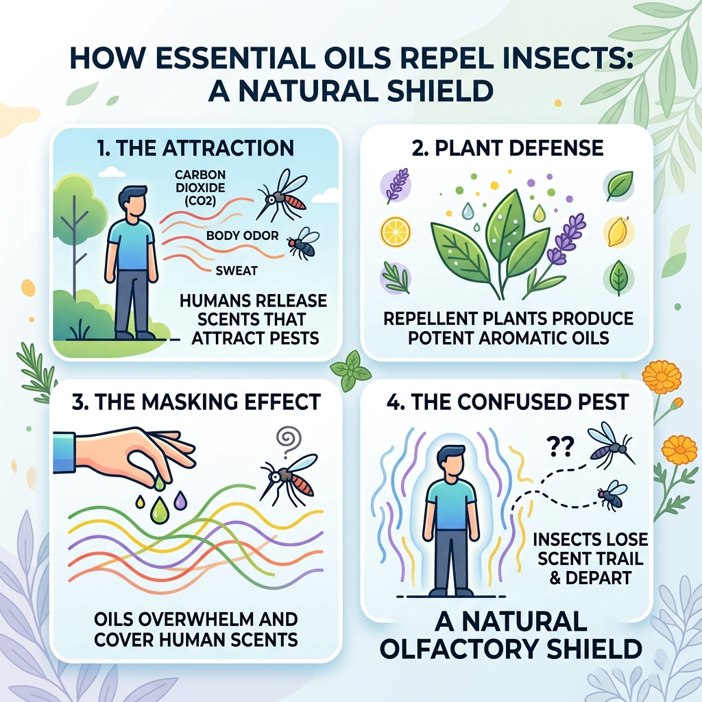 infographic showing how plant essential oils mask human scent to repel mosquitoes and flies - best plants to repel