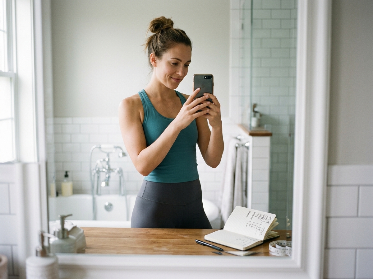 Person taking progress photos and recording measurements in a journal - at home body transformation Person taking progress photos and recording measurements in a journal - at home body transformation