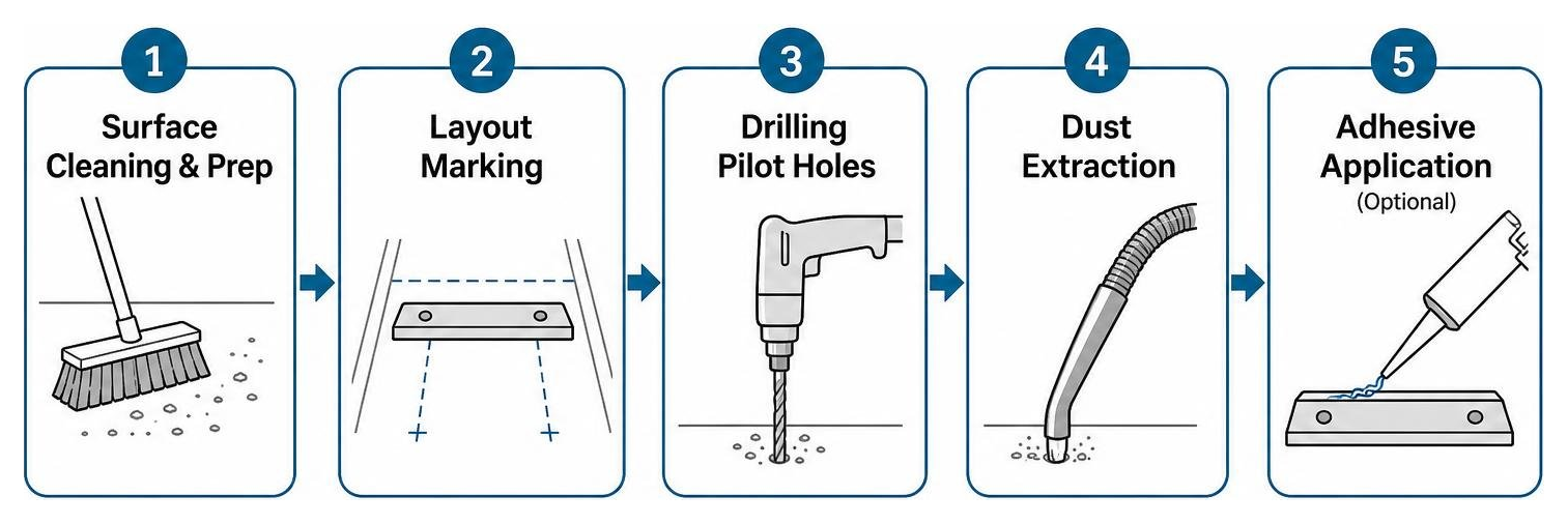 Step-by-step installation workflow for parking wheel stops