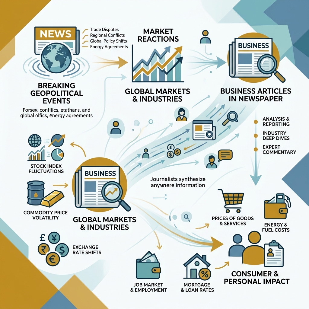 Flow of global business news from breaking geopolitical events to market reactions and consumer impact - business articles