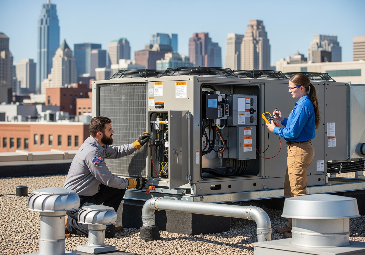 certified technicians safely working on a commercial rooftop unit - Commercial AC installation
