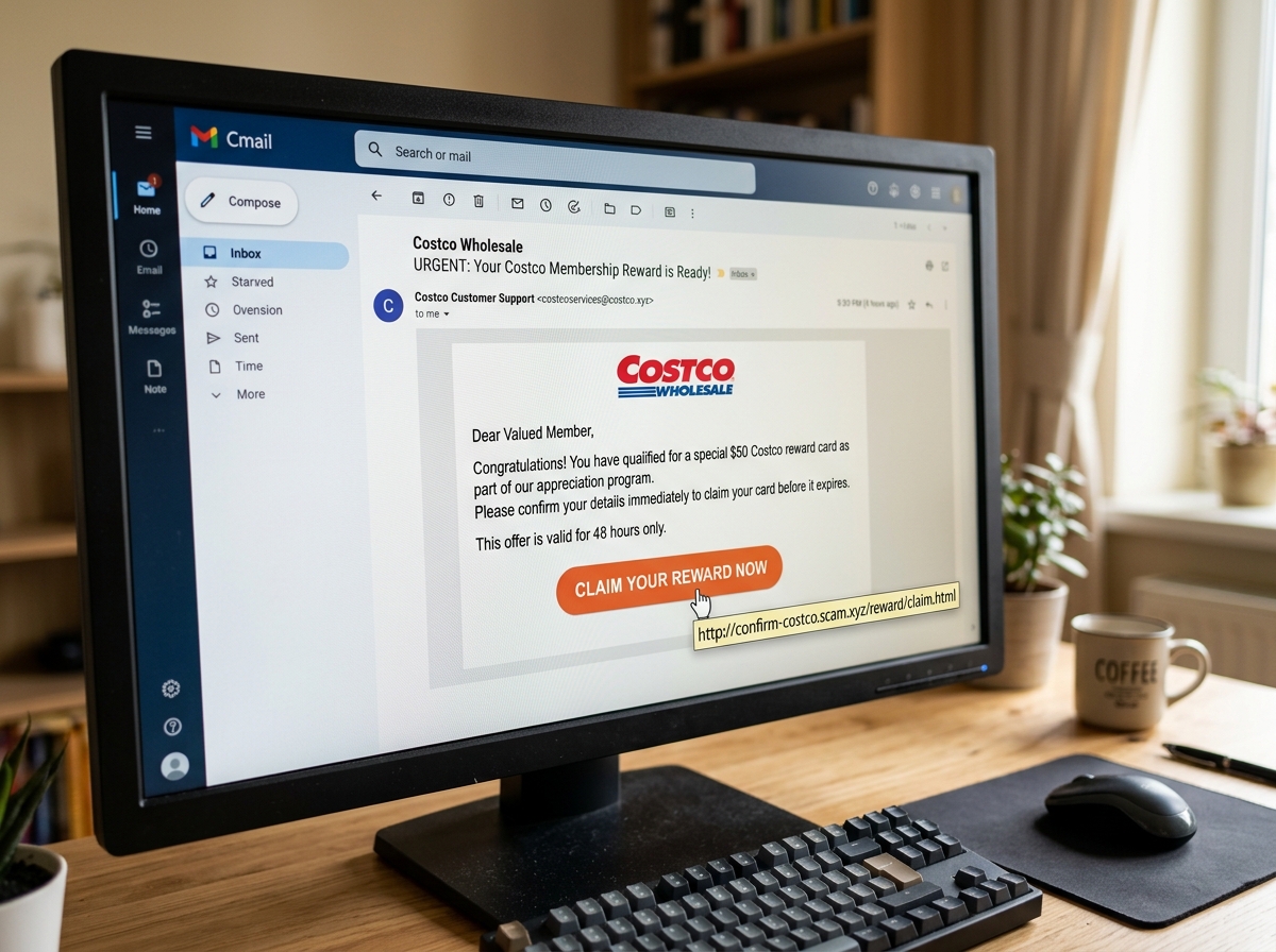 using the hover over technique to reveal a fake URL in a scam email - costco scam emails using the hover over technique to reveal a fake URL in a scam email - costco scam emails