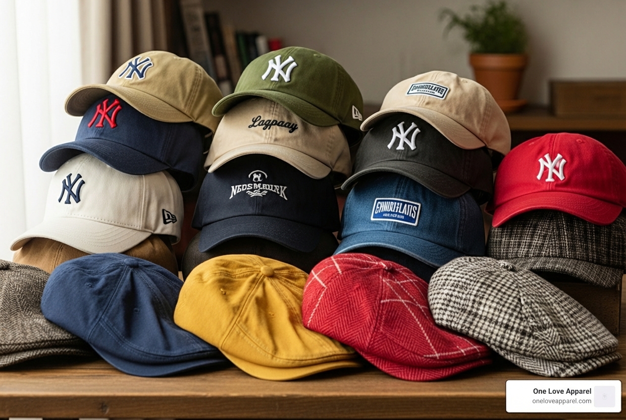 diverse collection of men's cotton caps, including baseball, dad hat, and newsboy styles - men's cotton caps