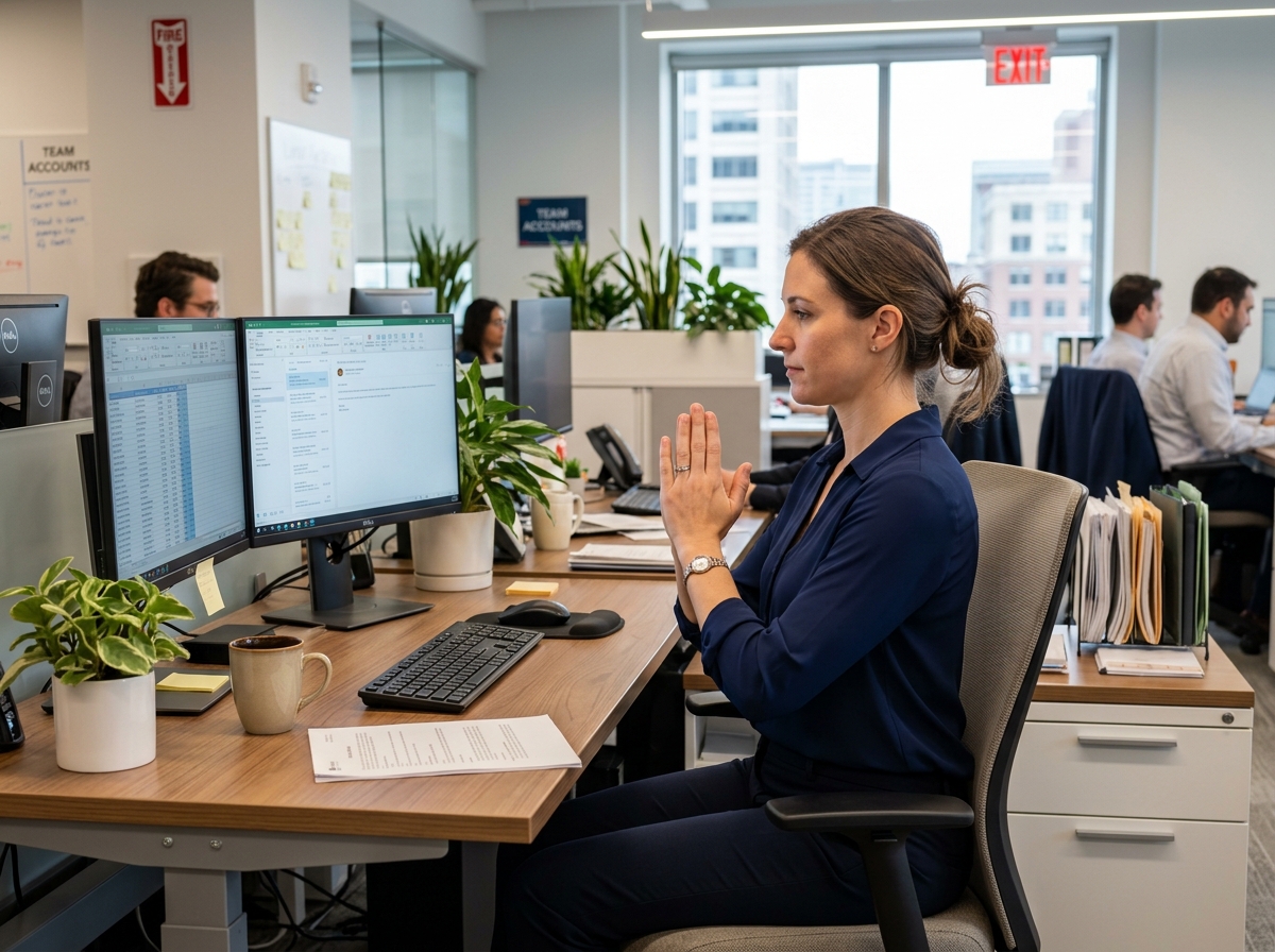 A person performing a wrist prayer stretch at their desk - RSI prevention keyboard techniques