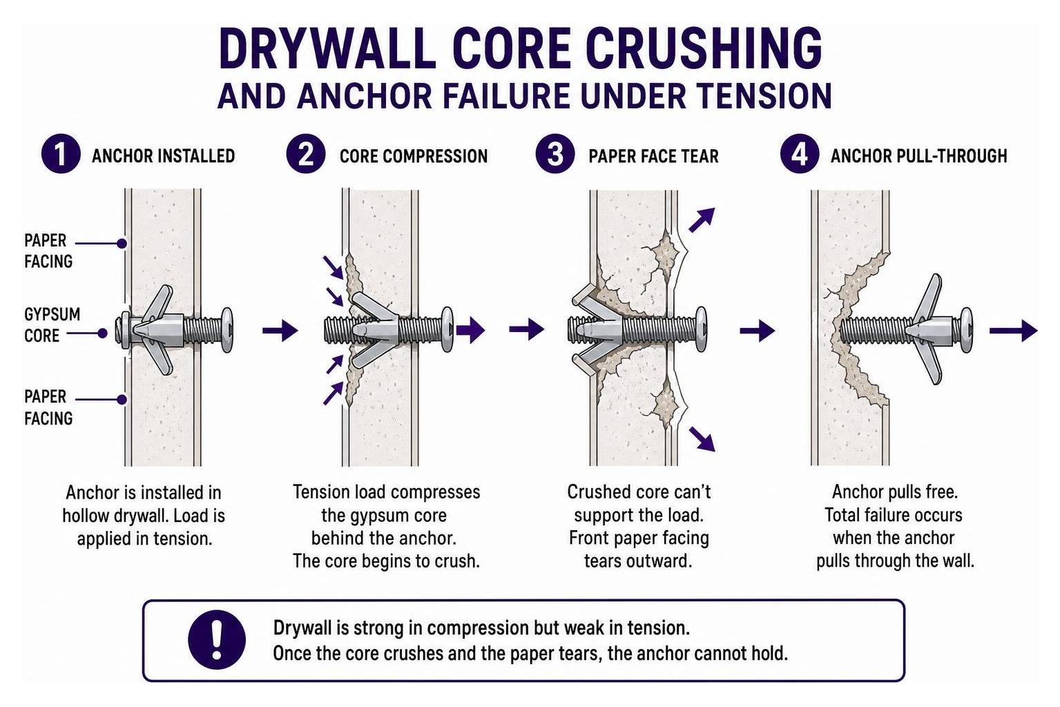 Drywall core crushing and anchor failure under tension Drywall core crushing and anchor failure under tension