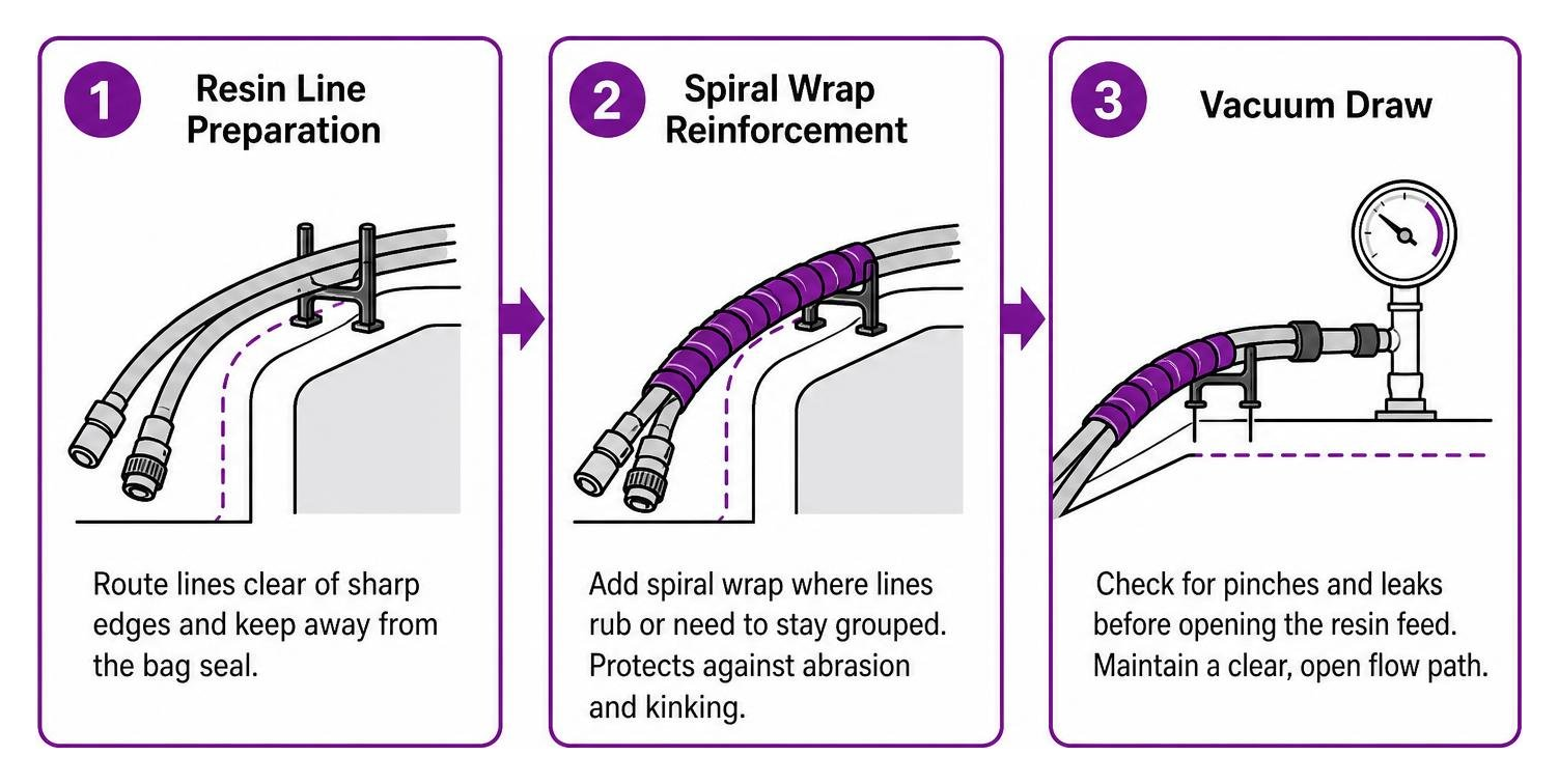 Resin infusion line preparation and vacuum sequence Resin infusion line preparation and vacuum sequence