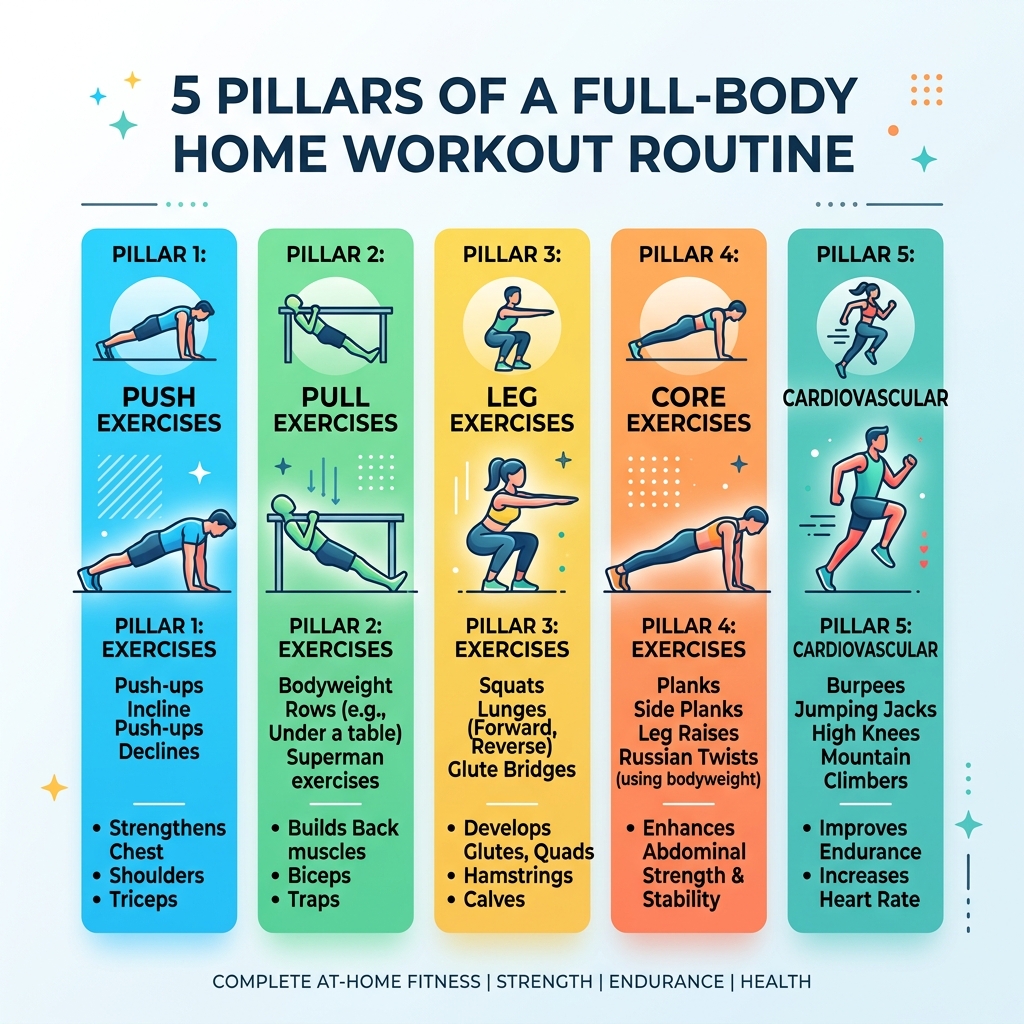 5 pillars of a full-body home workout routine infographic - entire body workout at home infographic 