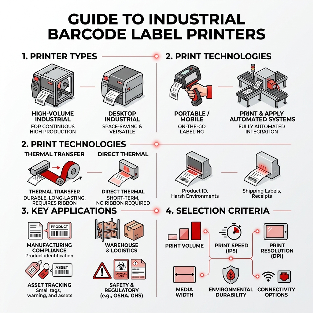 Industrial barcode label printer types, technologies, applications, and key selection criteria infographic - industrial