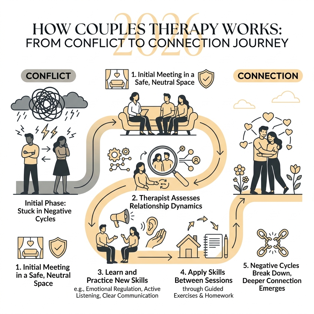 How couples therapy works: from conflict to connection journey infographic - How does couples therapy work? infographic 