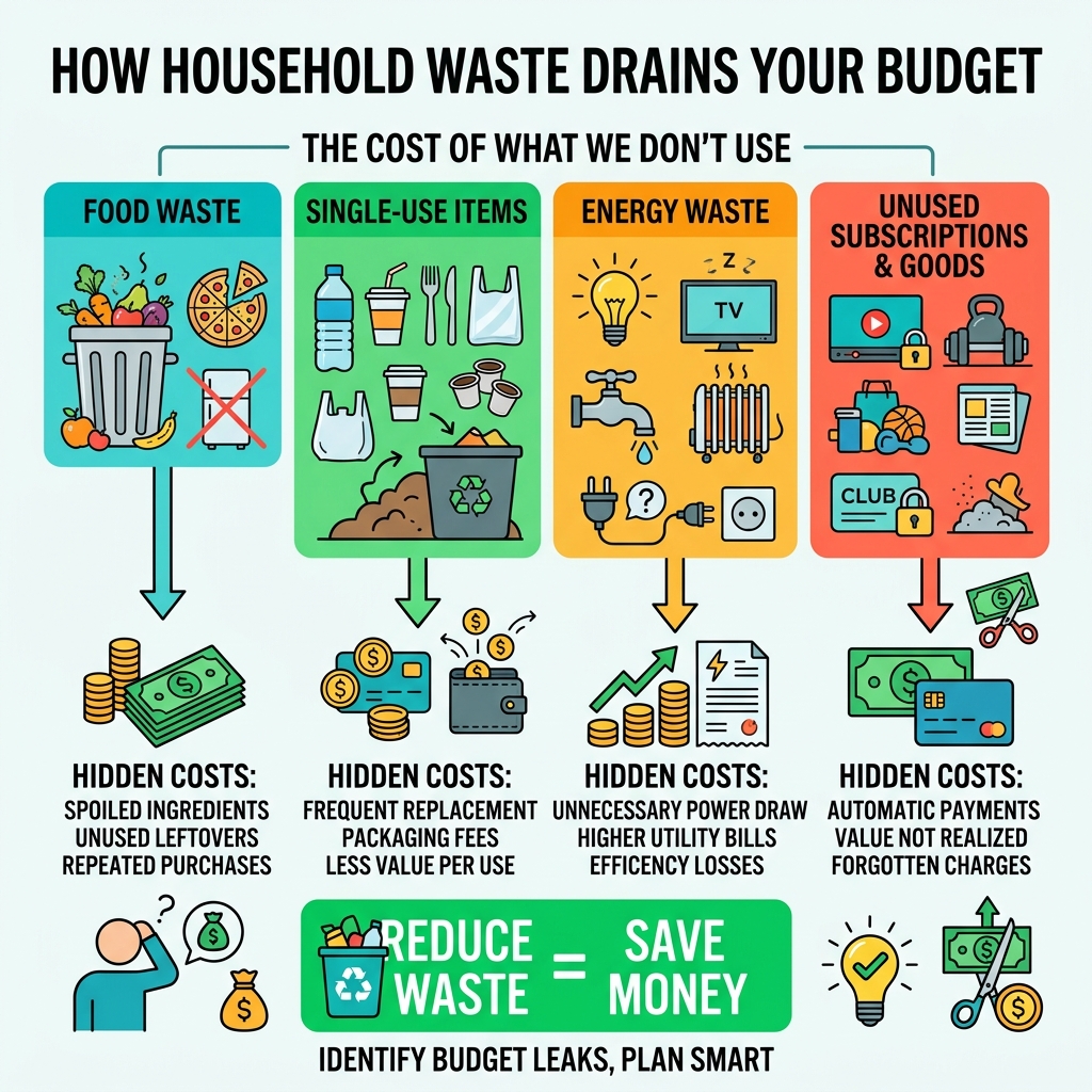 Infographic showing the link between household waste categories and hidden financial costs - reduce waste budget planner Infographic showing the link between household waste categories and hidden financial costs - reduce waste budget planner