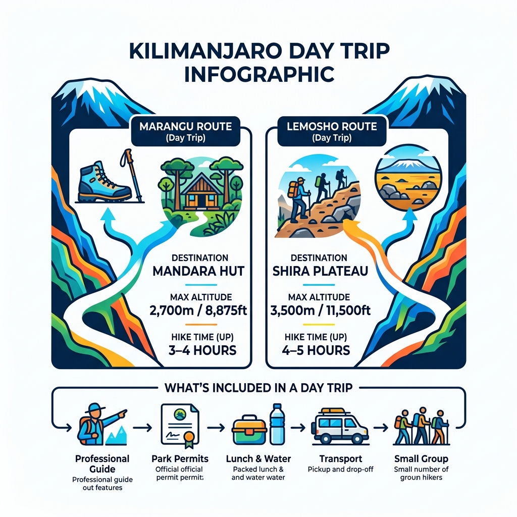Kilimanjaro day trip infographic showing routes, altitudes, durations, and what's included - kilimanjaro day trip
