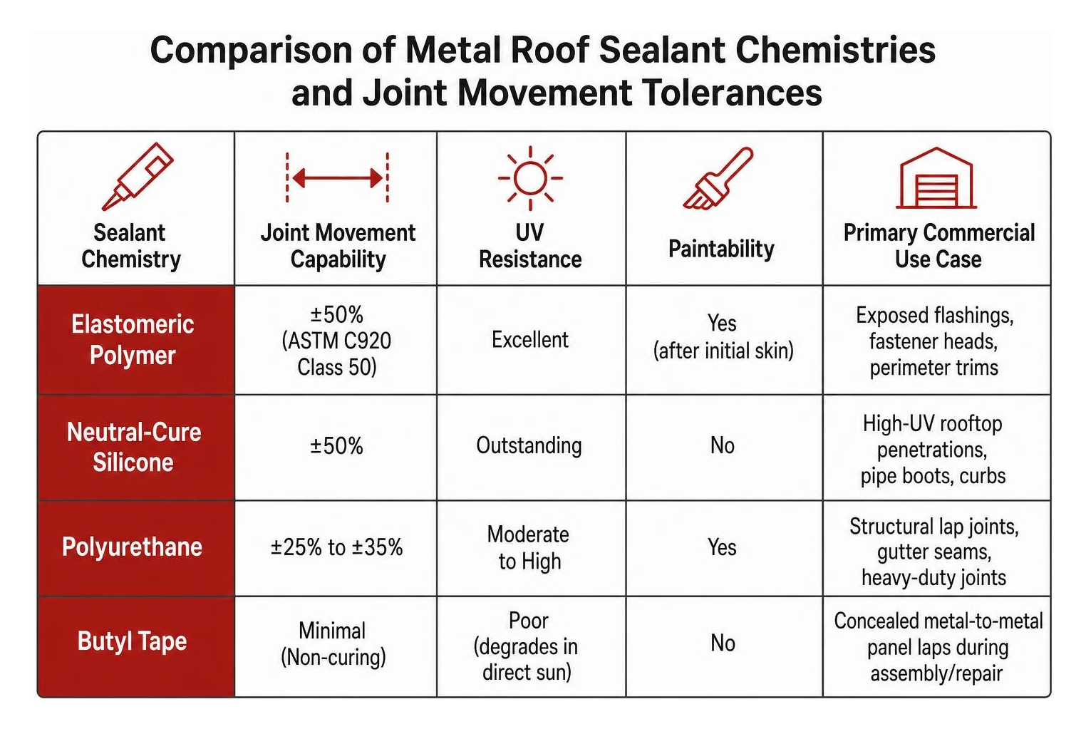 Comparison of metal roof sealant chemistries and joint movement tolerances Comparison of metal roof sealant chemistries and joint movement tolerances