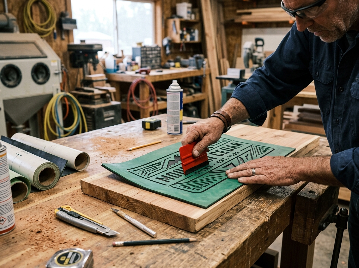 Craftsman carefully applying a thick rubber sandblast stencil to a cedar wood plank - sand blasted wooden signs