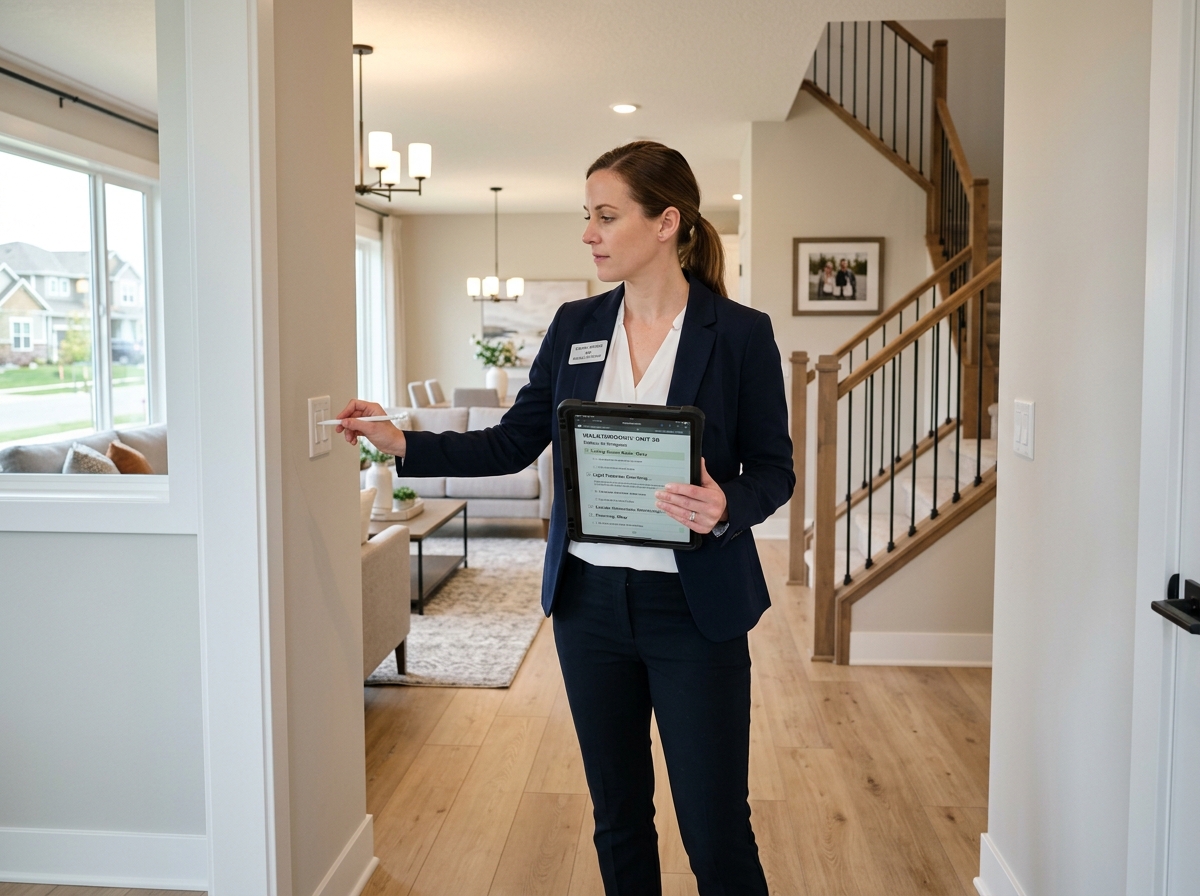 Professional manager conducting a thorough property walkthrough with a digital tablet - professional property management Professional manager conducting a thorough property walkthrough with a digital tablet - professional property management