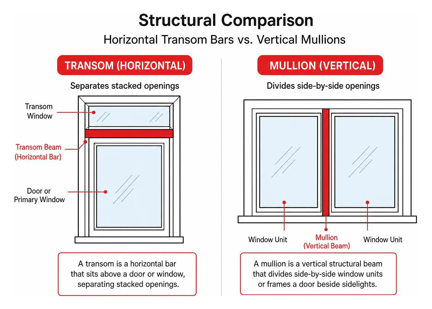 Structural comparison diagram between horizontal transom bars and vertical mullions Structural comparison diagram between horizontal transom bars and vertical mullions