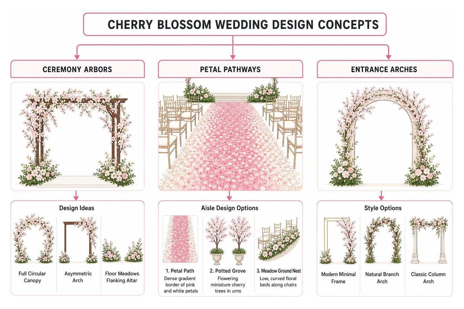 Design concepts for cherry blossom ceremony arbors, petal pathways, and entrance arches