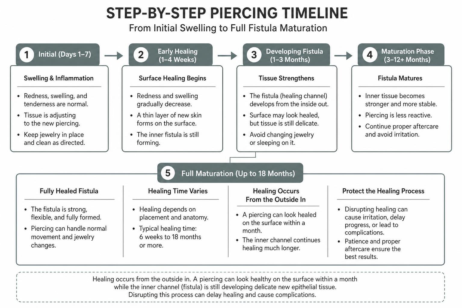 Step-by-step piercing timeline from initial swelling to full fistula maturation Step-by-step piercing timeline from initial swelling to full fistula maturation