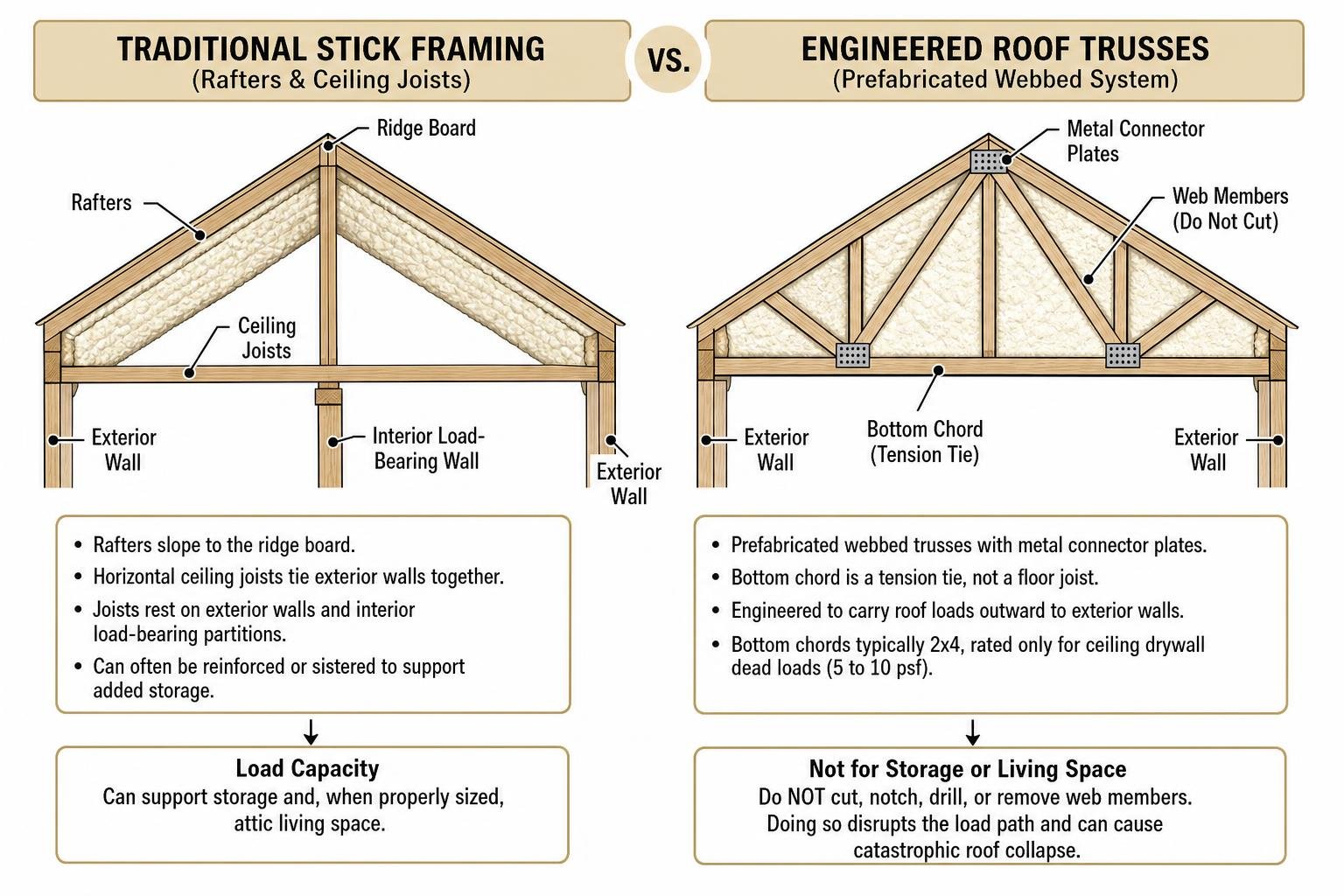 Framing comparison diagram: Traditional stick framing vs engineered roof trusses Framing comparison diagram: Traditional stick framing vs engineered roof trusses