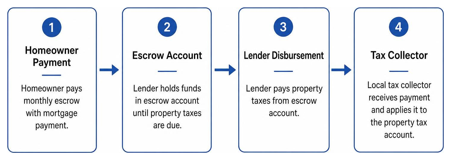 Diagram showing flow of property tax payments through mortgage escrow to local tax collector Diagram showing flow of property tax payments through mortgage escrow to local tax collector