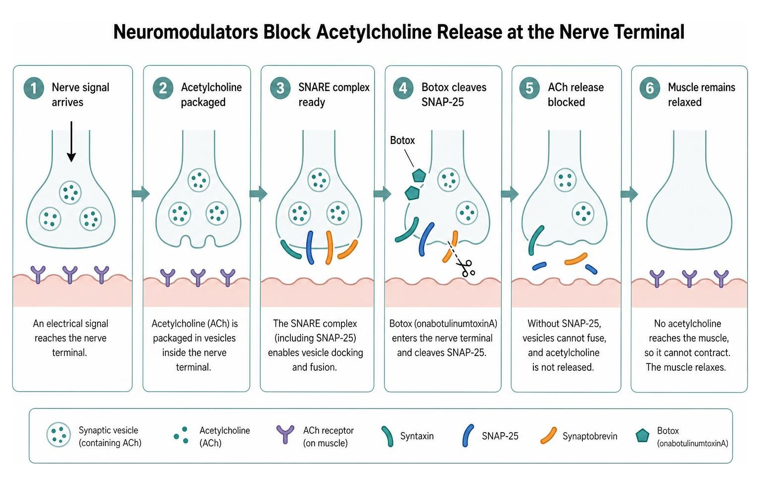 The chemical pathway of neuromodulators blocking acetylcholine release at the nerve terminal