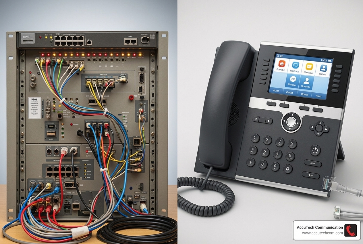 side-by-side comparison of old PBX hardware and a modern VoIP desk phone - business phones system ma side-by-side comparison of old PBX hardware and a modern VoIP desk phone - business phones system ma