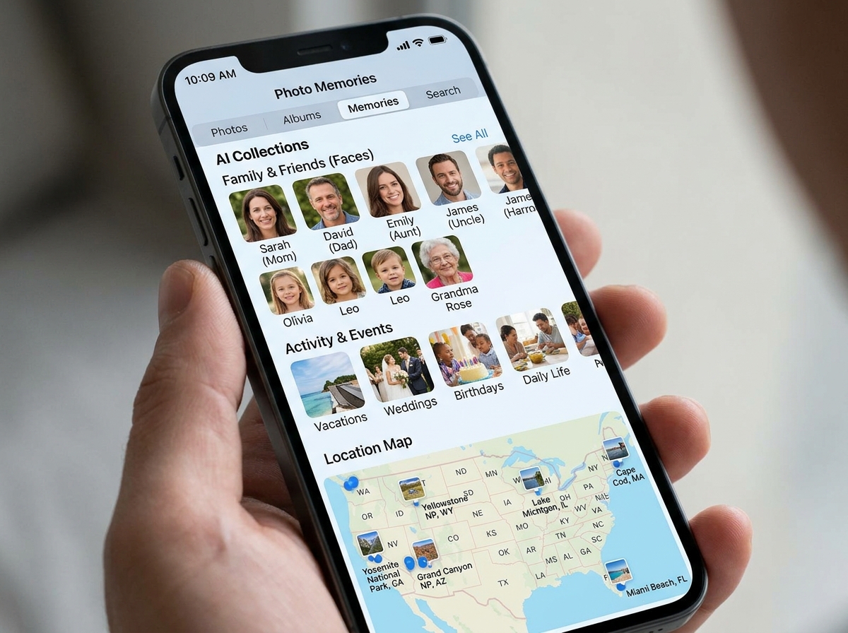 AI-powered photo categorization in a mobile app showing faces and locations - best app to store photos for free