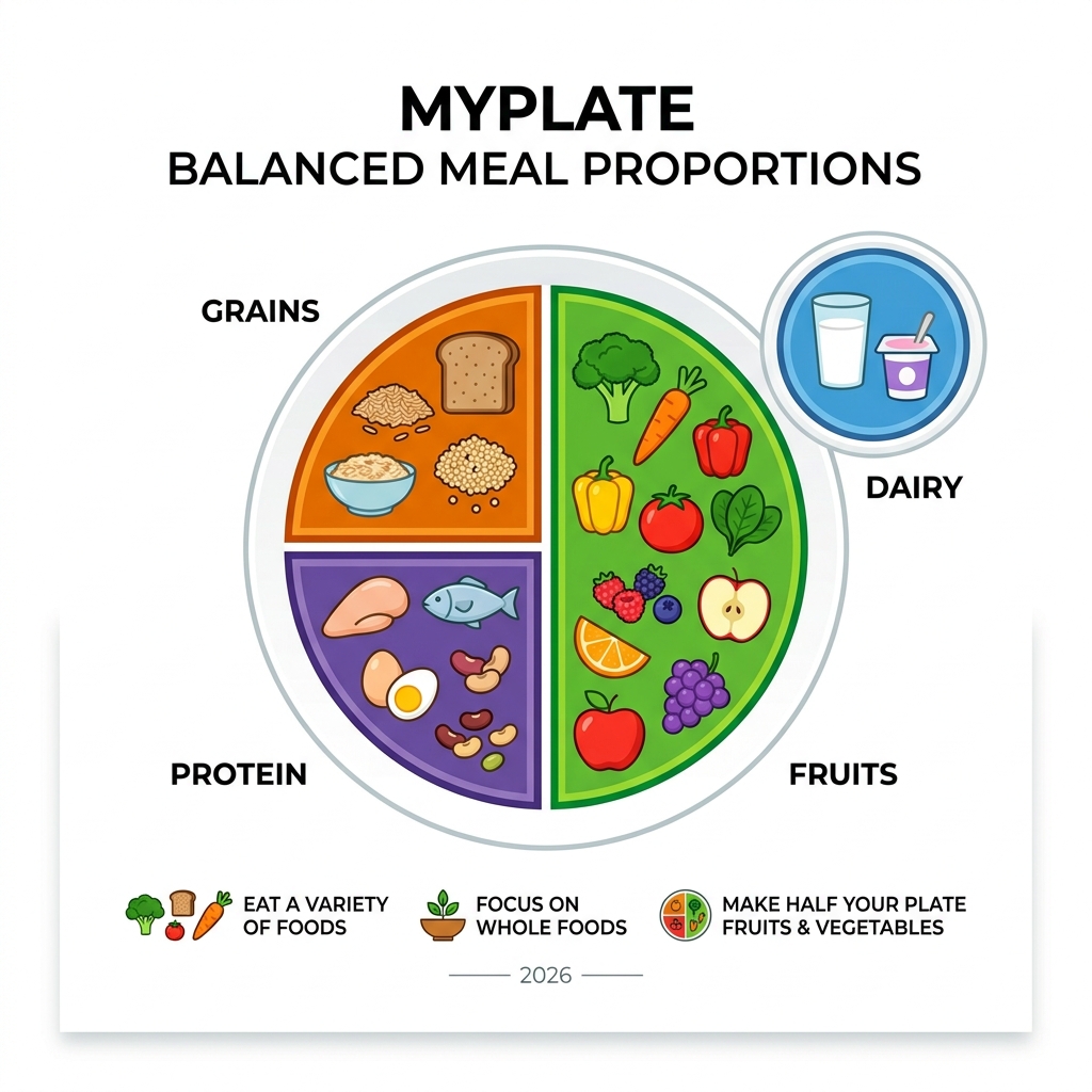 MyPlate balanced meal proportions infographic showing protein, grains, vegetables, fruits, and dairy - healthy balanced diet MyPlate balanced meal proportions infographic showing protein, grains, vegetables, fruits, and dairy - healthy balanced diet
