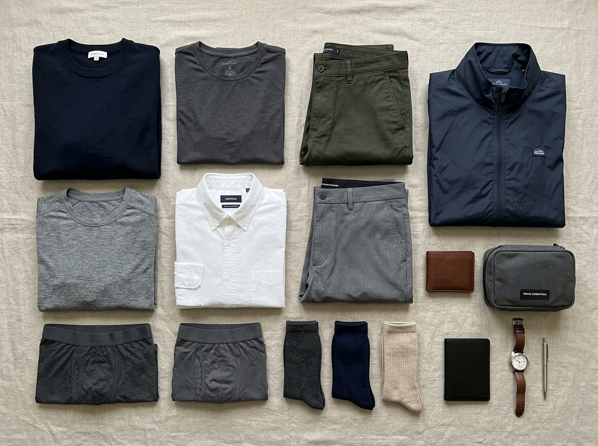 Flat-lay arrangement of neutral men's travel clothing - men's minimalist travel wardrobe Flat-lay arrangement of neutral men's travel clothing - men's minimalist travel wardrobe