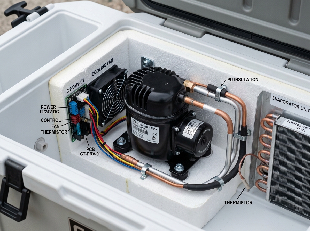 High-efficiency DC compressor inside a portable cooler - solar powered coolers