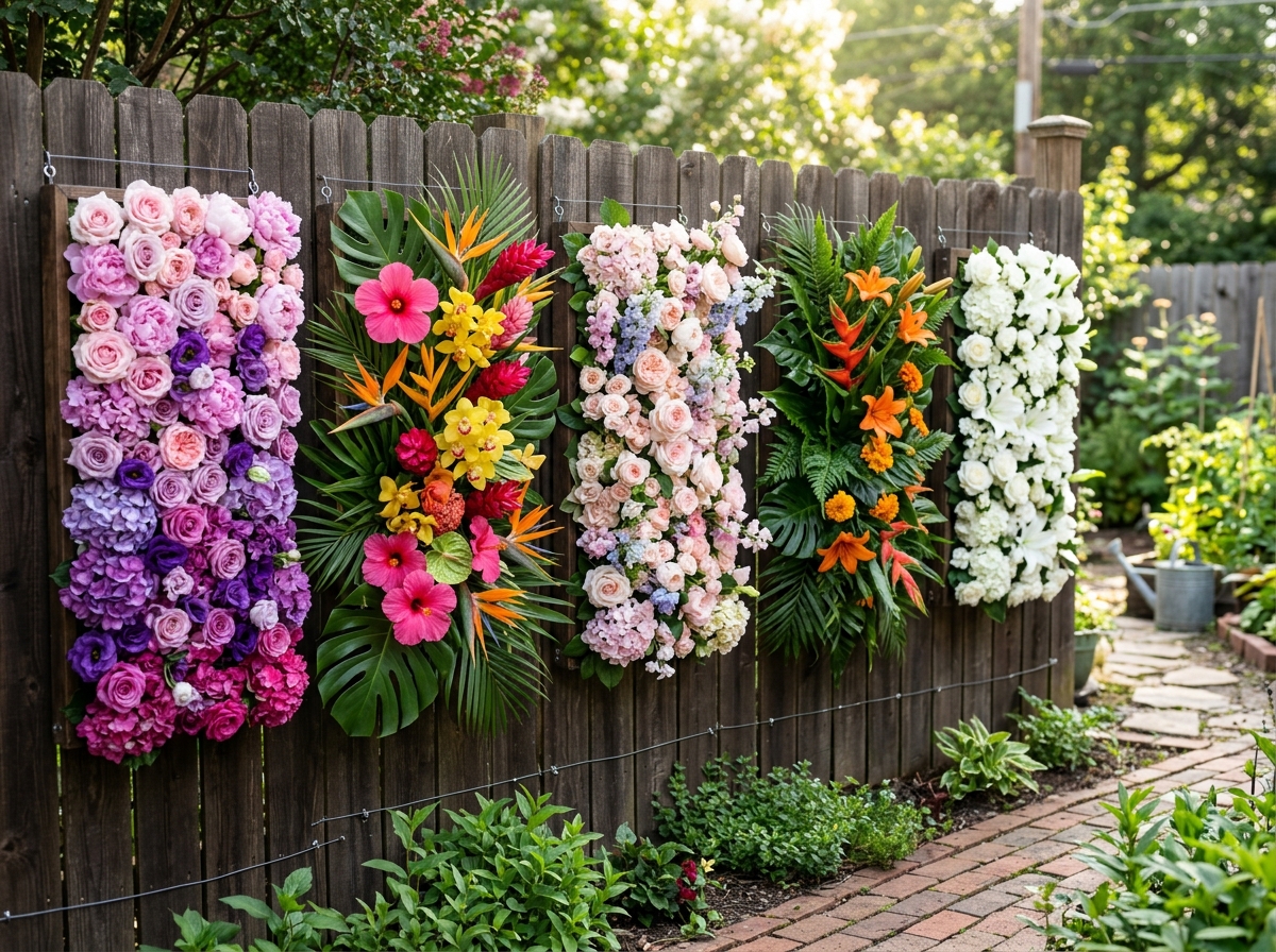 Various flower wall styles from ombre to monochrome - diy garden flower wall