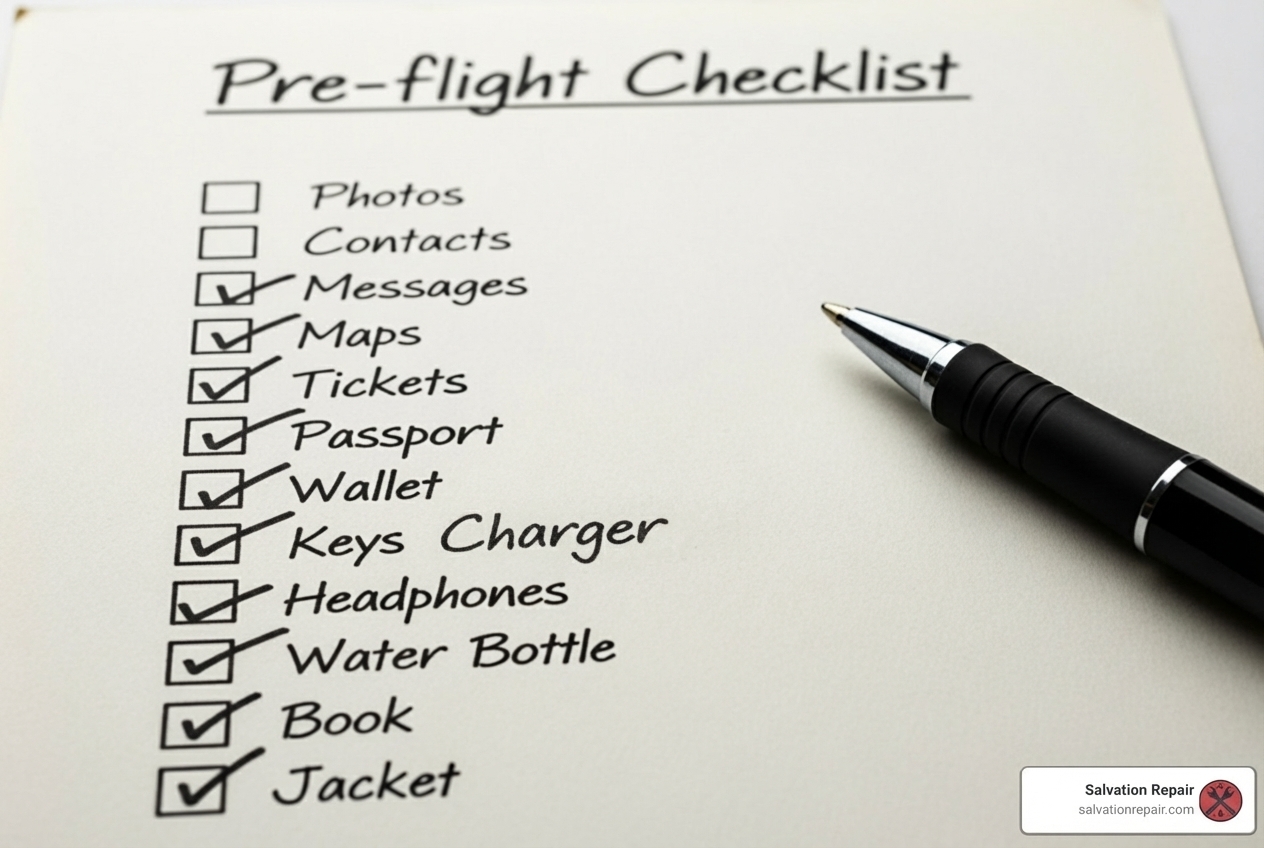 A checklist with items like "Photos," "Contacts," and "Messages" ticked off - how to backup samsung phone before repair
