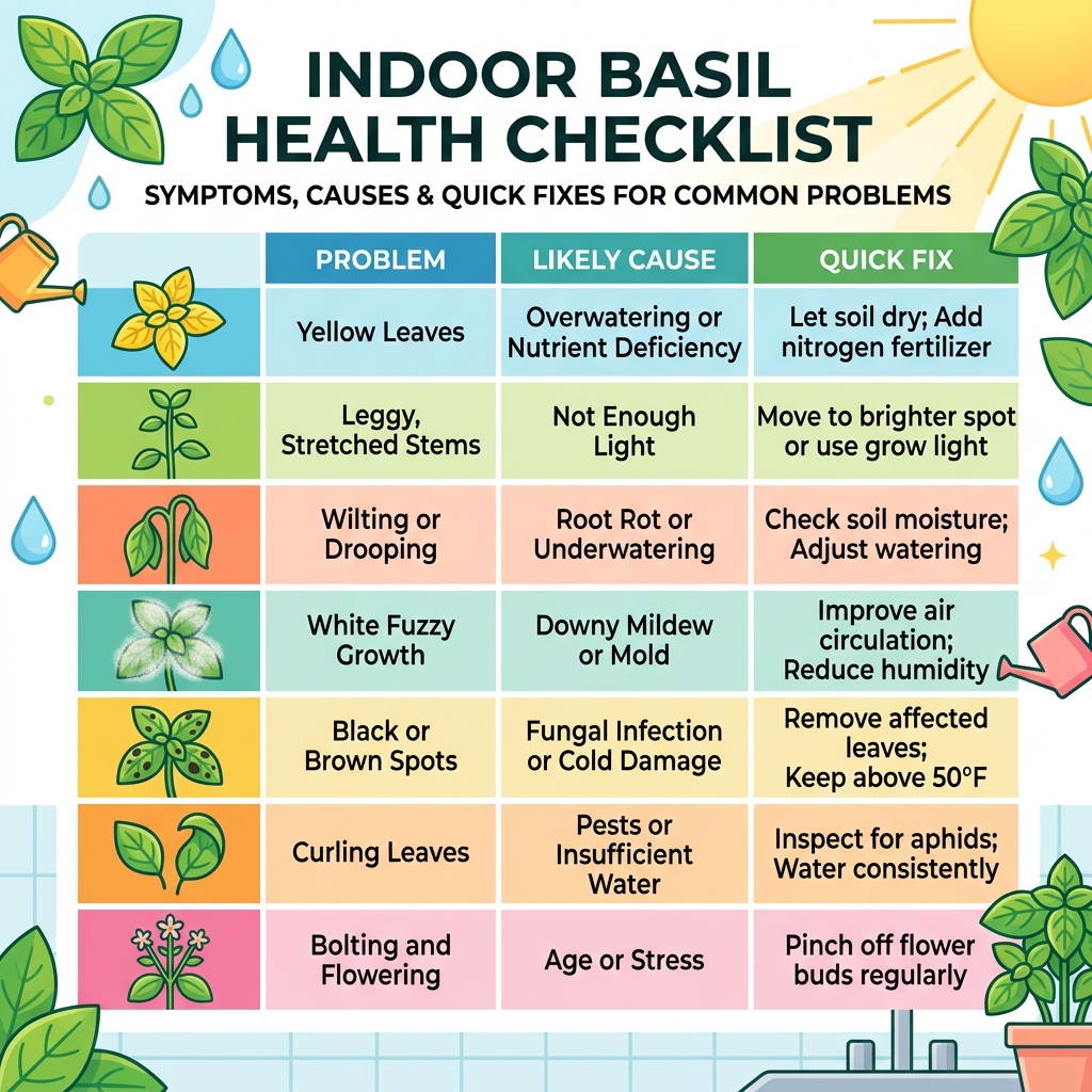Indoor basil health checklist showing symptoms, causes, and quick fixes for common problems - indoor basil troubleshooting Indoor basil health checklist showing symptoms, causes, and quick fixes for common problems - indoor basil troubleshooting
