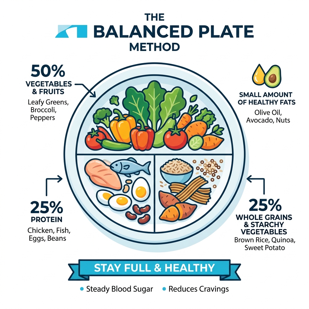 Balanced plate infographic showing 50% vegetables, 25% protein, 25% whole grains portions - balanced plate meal ideas