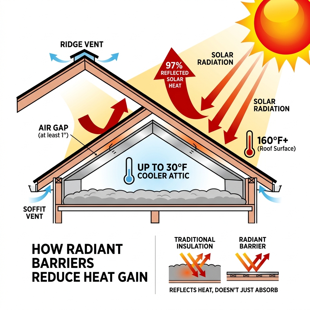Infographic showing how radiant barriers reflect 97% of solar heat in attic spaces - adding radiant barrier to attic