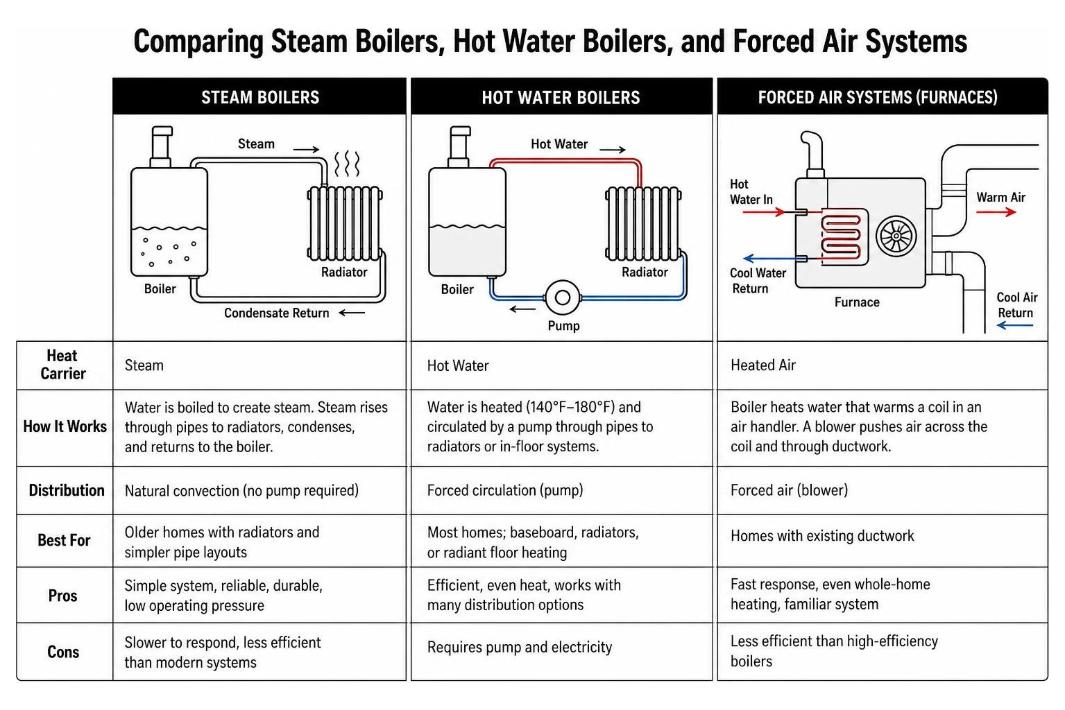 Comparing steam boilers, hot water boilers, and forced air systems