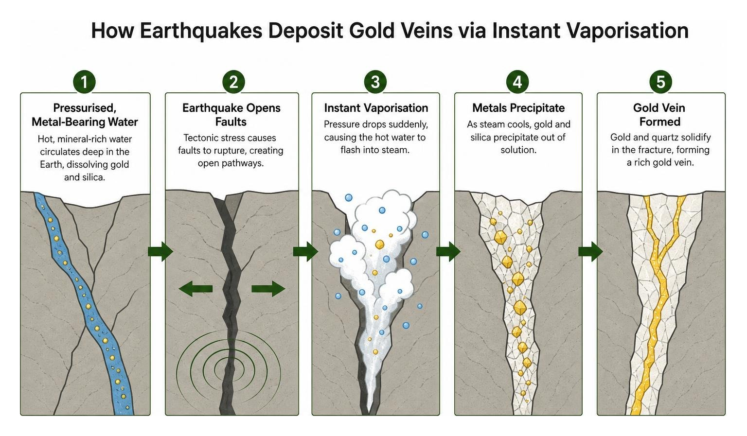 How earthquakes deposit gold veins via instant vaporisation